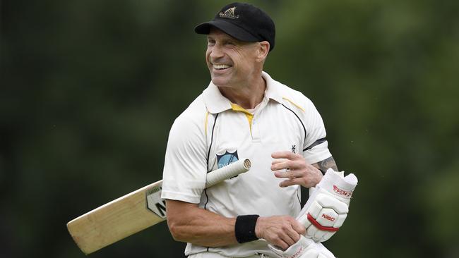 Justin Whitcher after being dismissed during a Diamond Valley Cricket Association match between Heidelberg and Riverside. Picture: Andy Brownbill