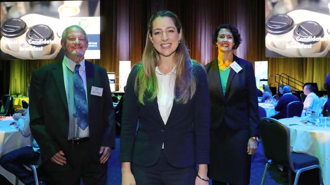 Currumbin candidates Peter Burgoyne (Greens) Laura Gerber (LNP) and Kaylee Campradt (ALP). Picture: Glenn Hampson.