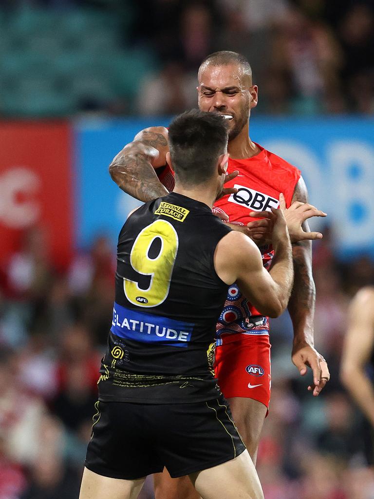 Lance Franklin is in trouble for this incident. Picture: Phil Hillyard