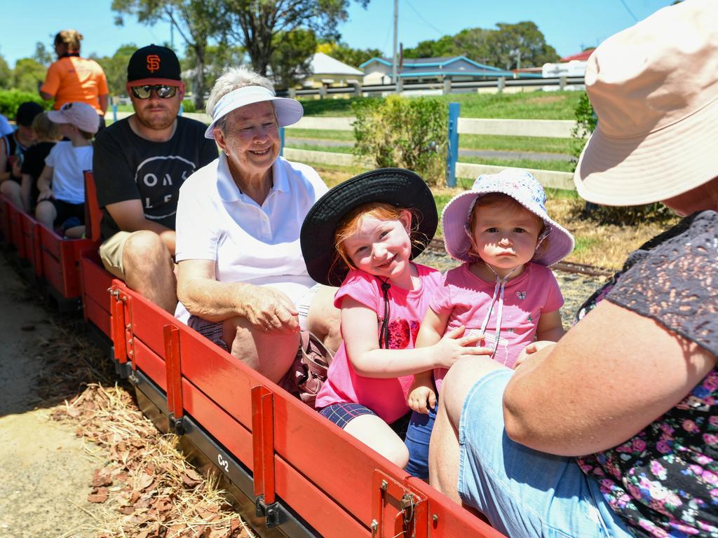 Australia Day at Casino Mini Railway are: June Girvan, Ellie and Claire Simes and Tiarna Donnelly from Casino taking a ride on the mini train.