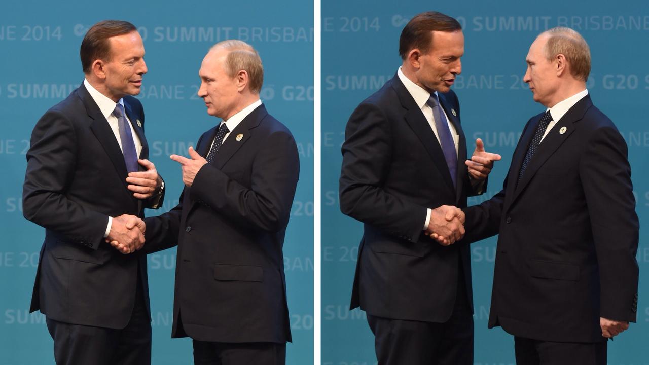 Tony Abbott and Vladimir Putin. (AAP Image/Lukas Coch)