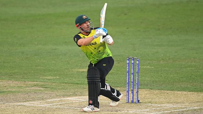 Skipper Aaron Finch blasted 40 off 20 balls as Australia belted Bangladesh. Picture: Alex Davidson/Getty Images