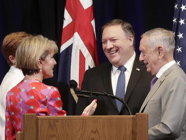 US Secretary of State Mike Pompeo, centre, and US Secretary of Defence Jim Mattis, right, greet Julie Bishop and Marise Payne after the AUSMIN Consultations in California. Picture: AP Photo/Jeff Chiu