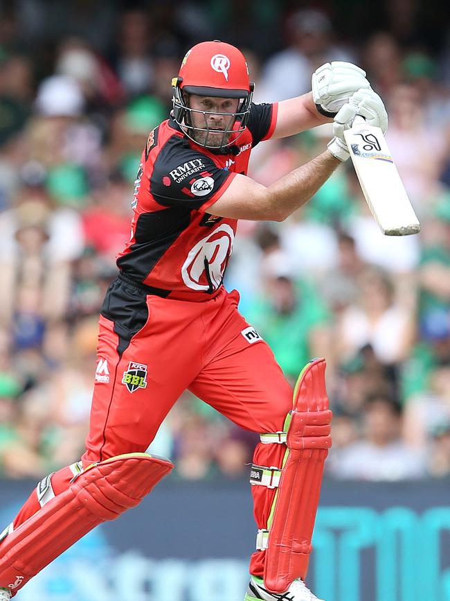 Dan Christian drives for Melbourne Renegades in last season’s BBL final. Picture: Michael Klein