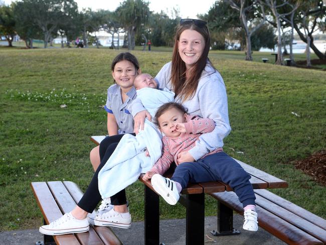 Alexi Bennett with her children Leilani, Alaysia and baby Kross. Picture: Richard Gosling.