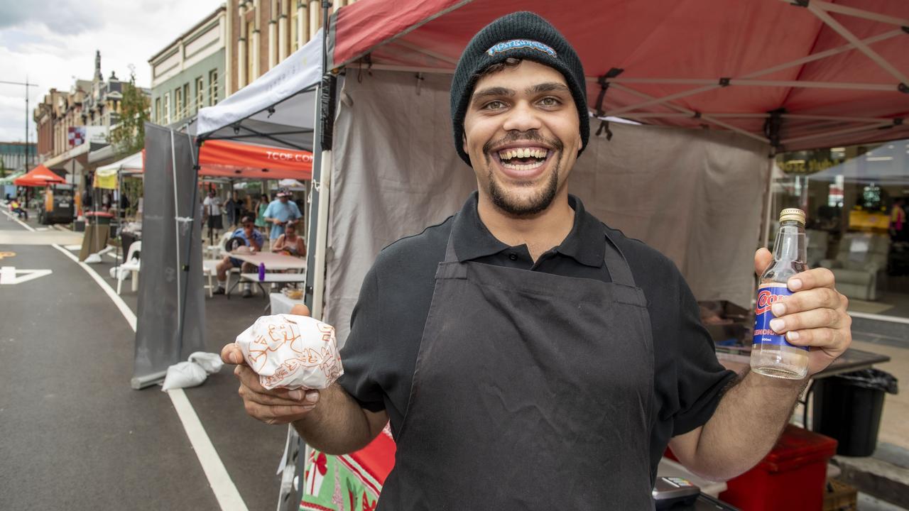 Mikeal Albury-Brady from Phat Burgers. Russell Street Refresh block party. Saturday, November 20, 2021. Picture: Nev Madsen.