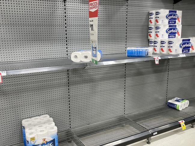 Panic buying has hit some supermarkets in Sydney while others remain fully stocked during the Avalon covid cluster outbreak. Woolworths in Wolli Creek was getting low on toilet paper. Picture: Toby Zerna