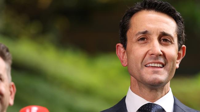 Queenslands new Premier David Crisafulli speaks to media at Parliament House on Sunday morning. Picture Lachie Millard