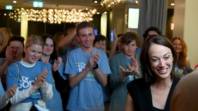 Dr Sophie Scamps celebrates her win in the seat of Mackellar at the Dee Why RSL. Picture: Jeremy Piper