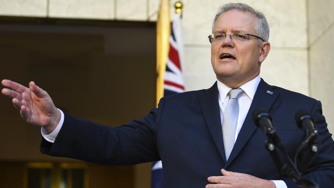 Scott Morrison, at Parliament House in Canberra on Wednesday, delivers an update on the government’s plans to tackle the coronavirus. Picture: AAP