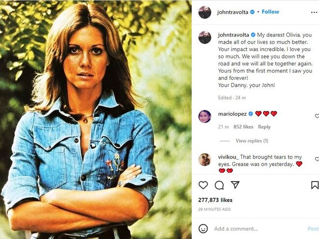 John Travolta led the tributes for singer and actress Olivia Newton-John. Picture: johntravolta/Instagram