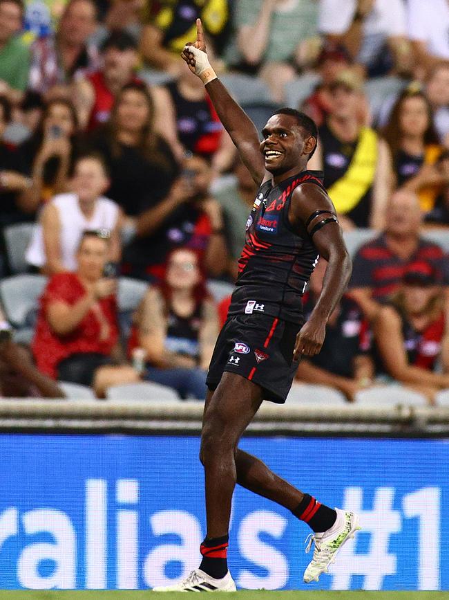 Essendon’s Irving Mosquito celebrates after kicking his first goal on debut against Richmond in Darwin. Picture: Getty Images