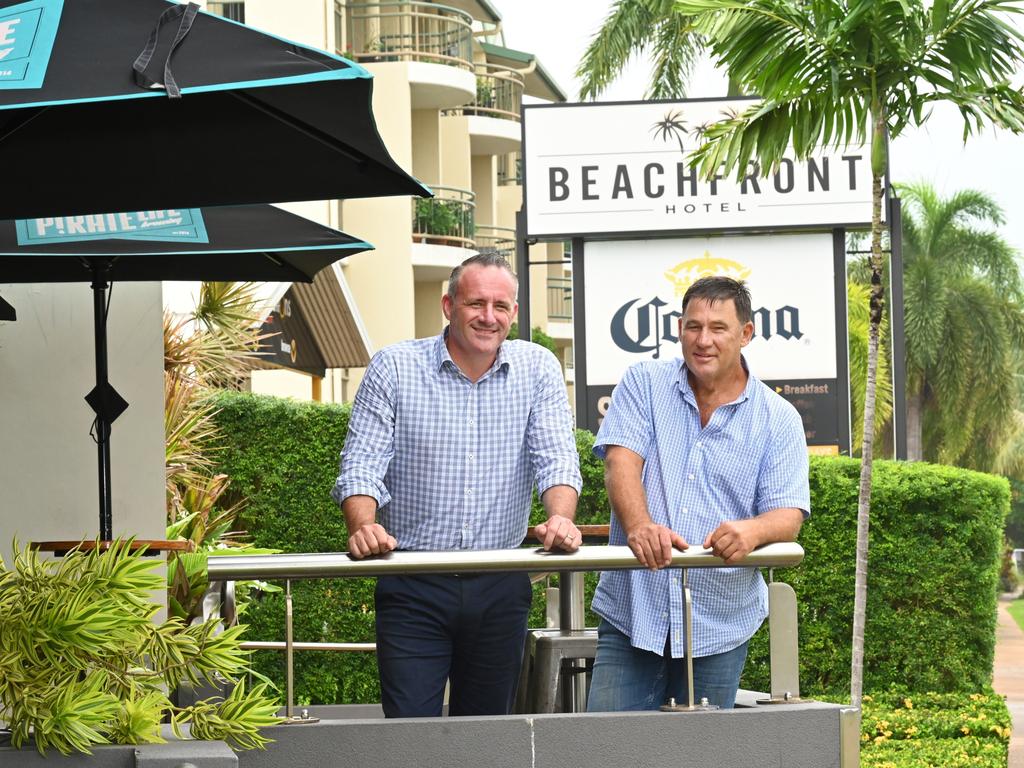 Endeavour Group chief executive Steve Donohue and long-time Beachfront owner and NT businessman Doug Sallis after the ACCC approved the popular pub's sale.