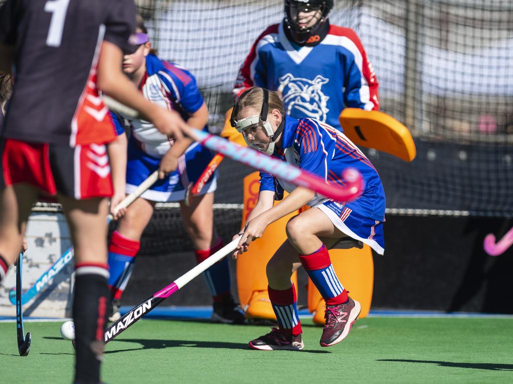 Rangeville captain Amarni Jackson defends against Past High in under-11 girls Presidents Cup hockey at Clyde Park, Saturday, May 27, 2023. Picture: Kevin Farmer