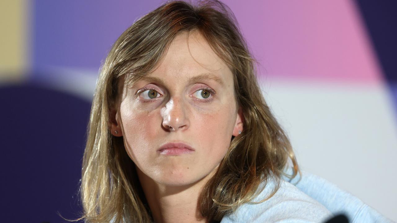 Katie Ledecky speaks to the press on Wednesday, July 24. (Photo by Michael Reaves/Getty Images)