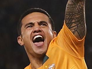 MELBOURNE, AUSTRALIA - JUNE 11: Tim Cahill (top) and the Australians celebrate after Lucas Neill of the Socceroos scored a goal during the FIFA World Cup Qualifier match between the Australian Socceroos and Jordan at Etihad Stadium on June 11, 2013 in Melbourne, Australia. (Photo by Scott Barbour/Getty Images) Picture: Images Getty