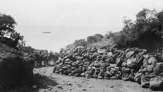 Mail bags awaiting distribution by mules at Anzac Cove, Gallipoli, 1915. Picture: Australian War Memorial