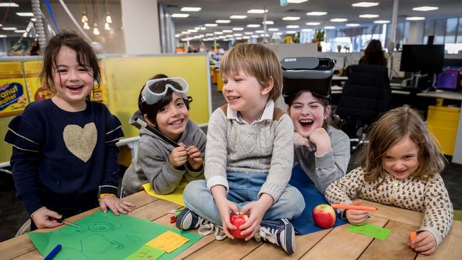 A new company is offering corporates school holiday childcare in workplaces. Francesca Marget, 5, Oscar Pulitano, 6, Hugo Cooper, 5, Sophie Marget, 7 and Neve Earl, 5 take part in the program. Picture: Jake Nowakowski