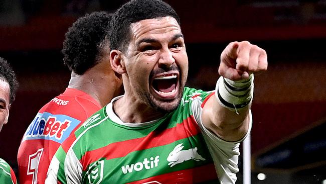 BRISBANE, AUSTRALIA - APRIL 13: Cody Walker of the Rabbitohs celebrates scoring a try during the round seven NRL match between the Dolphins and South Sydney Rabbitohs at Suncorp Stadium on April 13, 2023 in Brisbane, Australia. (Photo by Bradley Kanaris/Getty Images)