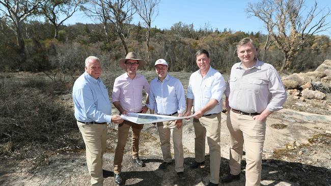 STEP FORWARD: Mayor Vic Pennisi,Minister for Drought and Water Resources David Littleproud , Treasurer Josh Frydenberg with Brent Finlay, Independent Chair of the Emu Swamp Dam Committee and State MP James Lister at the site of the proposed dam. Picture Kym Smith