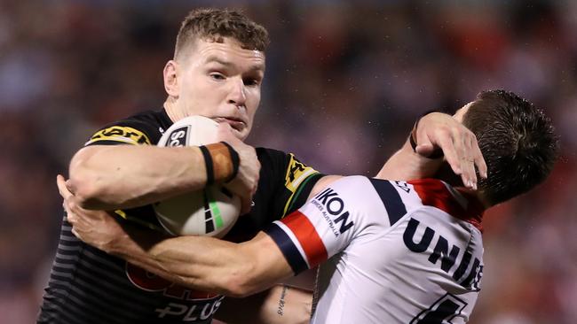 SYDNEY, AUSTRALIA – OCTOBER 02: Liam Martin of the Panthers is tackled during the NRL Qualifying Final match between the Penrith Panthers and the Sydney Roosters at Panthers Stadium on October 02, 2020 in Sydney, Australia. (Photo by Mark Kolbe/Getty Images)