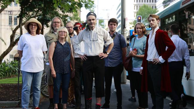 Pirate Ken with commuters who used his pirate bus service. Picture: Tim Hunter.