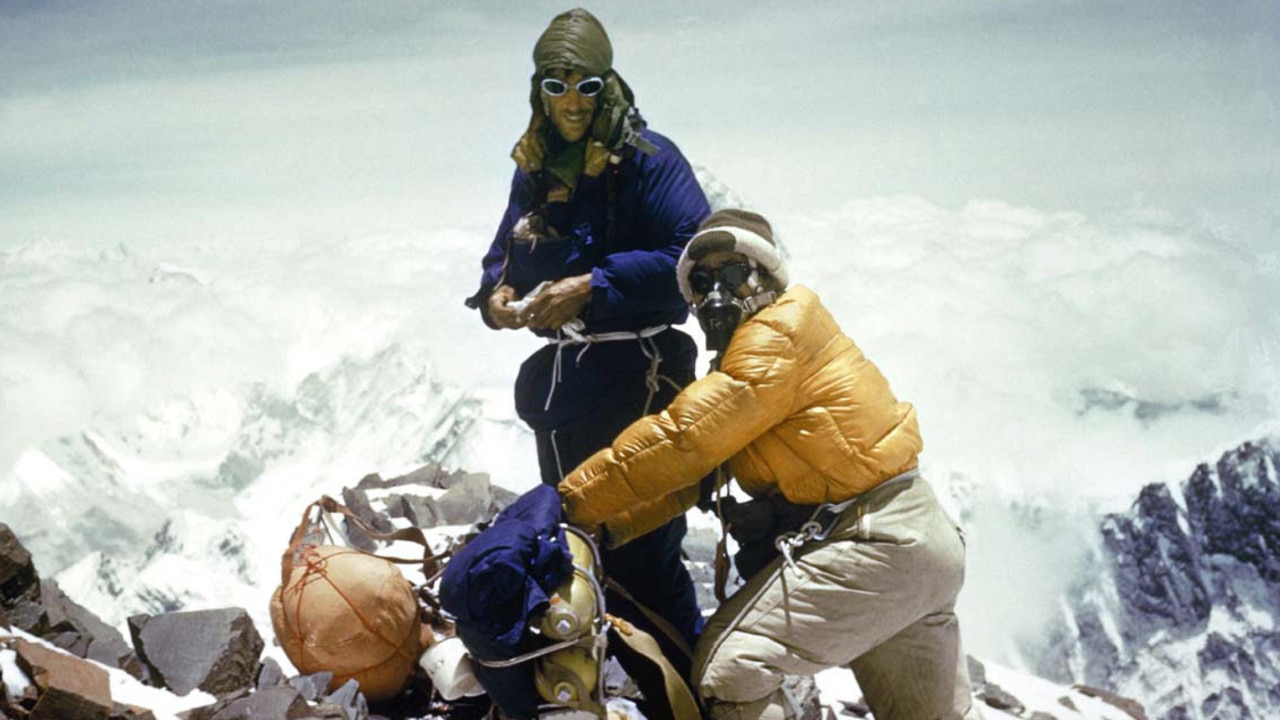 NZ mountaineer Sir Edmund Hillary with Sherpa Tenzing Norgay at the highest camp on the southeast ridge of Mount Everest 1953.