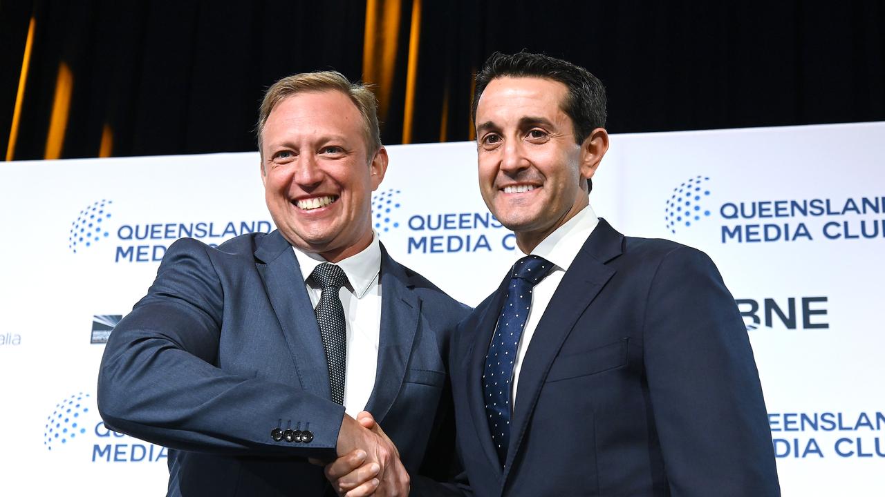 Queensland Premier Steven Miles and Opposition David Crisafulli faced off during their second state election debate on Wednesday. Picture: NewsWire / John Gass