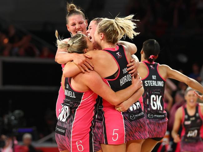 MELBOURNE, AUSTRALIA - JULY 08: Lucy Austin, Eleanor Cardwell, Maisie Nankivell and Georgie Horjus of the Thunderbirds celebrates victory during the 2023 Super Netball Grand Final match between Adelaide Thunderbirds and NSW Swifts at John Cain Arena on July 08, 2023 in Melbourne, Australia. (Photo by Graham Denholm/Getty Images)
