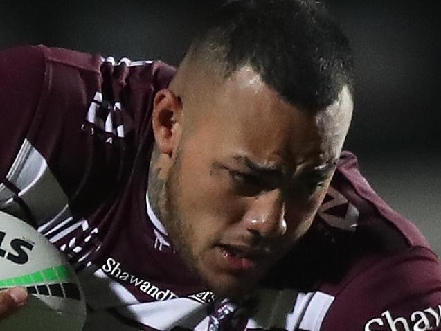 Manly's Addin Fonua-Blake during the round 8 NRL match between Manly and Newcastle at Lottoland, Brookvale. Picture: Brett Costello