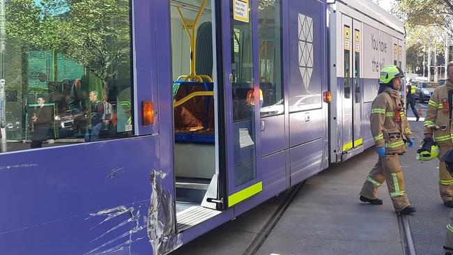 A tram was derailed at the intersection of Exhibition and Collins streets after a collision with a car. Picture: Supplied