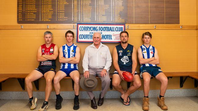 L-R Patrick Riley (Corryong), Henry Waters (Tumba), Gordon Nicholas (UMFNL President), Mitch Pynapples (Cudgewa) and Sam Clarke (Tumba). Photo: Simon Dallinger