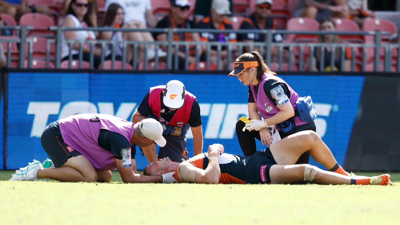 Briggs was put in a neck brace and transported to hospital. (Photo by Michael Willson/AFL Photos via Getty Images)