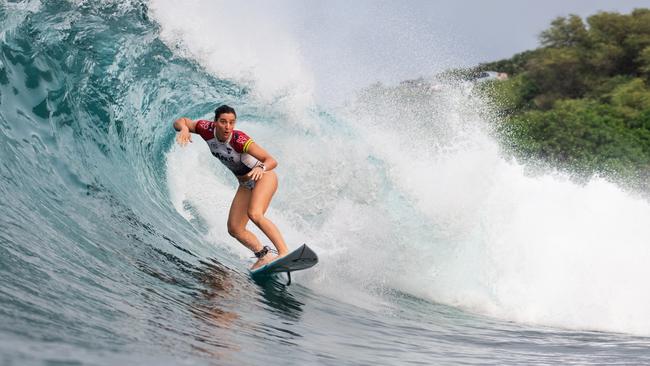 Aussie Tyler Wright scored a perfect 10 in the Maui Pro before a shark attack halted the semi-finals. Picture: Dayanidhi Das/World Surf League via Getty Images