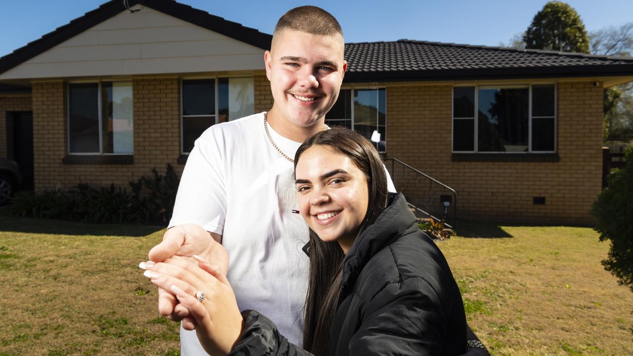 Young couple Tyler Hook and Aaliyah Suey at their Oakey home. Picture: Kevin Farmer