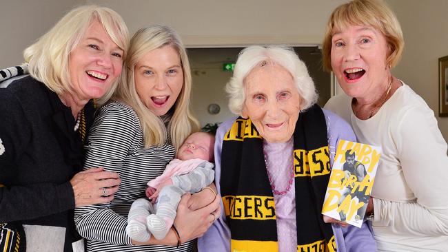 Family matriarch Molly Flaherty, 100, with granddaughter Kathryn Finemore, great-granddaughter Sophie Finemore, great-great-granddaughter baby Matilda May Sorby and daughter Mary Seers. Picture: Nicki Connolly