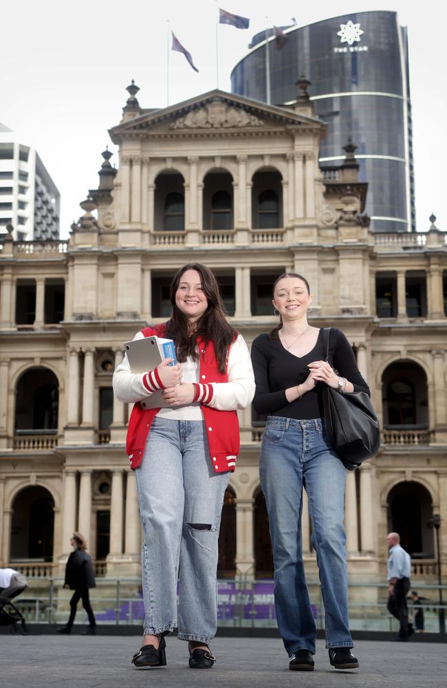 Students Emily Khan and Caitlin McNee outside the old Treasury building which Griffith University has bought. Picture: Steve Pohlner