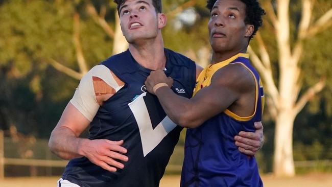 VAFA v Bendigo Football League rep game at Elsternwick Park. Tom Starch (VAFA) and BFNL player Caleb Ernst. Picture: Valeriu Campan