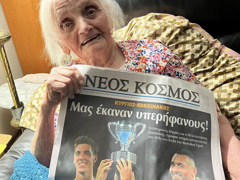 Nick Kyrgios' grandma with a copy of the Greek community newspaper, Neos Kosmos