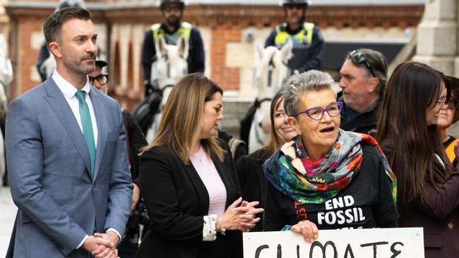 SA Greens MLC Robert Simms and Senator Sarah Hanson-Young join protesters from Extinction Rebellion and other climate action groups near Parliament House in Adelaide on May 18. Picture: NCA NewsWire / Morgan Sette