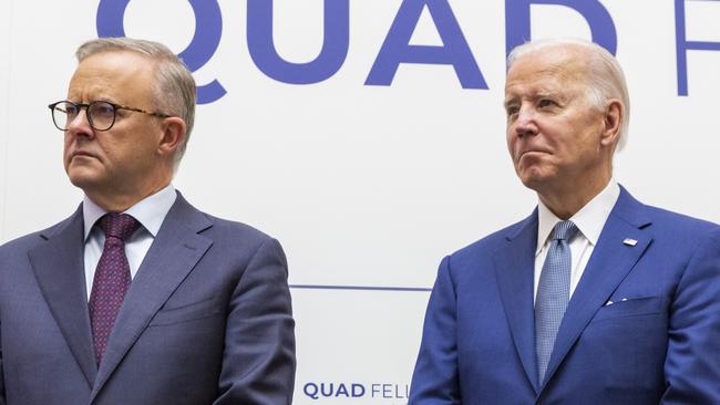 TOKYO, JAPAN - MAY 24: Australian Prime Minister Anthony Albanese (L) and U.S. President Joe Biden attend the Quad Fellowship Founding Celebration event on May 24, 2022 in Tokyo, Japan. President Biden arrived in Japan after his visit to South Korea, part of a tour of Asia aimed at reassuring allies in the region. Biden will also take part in the Quad Leaders' summit during his visit. (Photo by Yuichi Yamazaki/Getty Images)