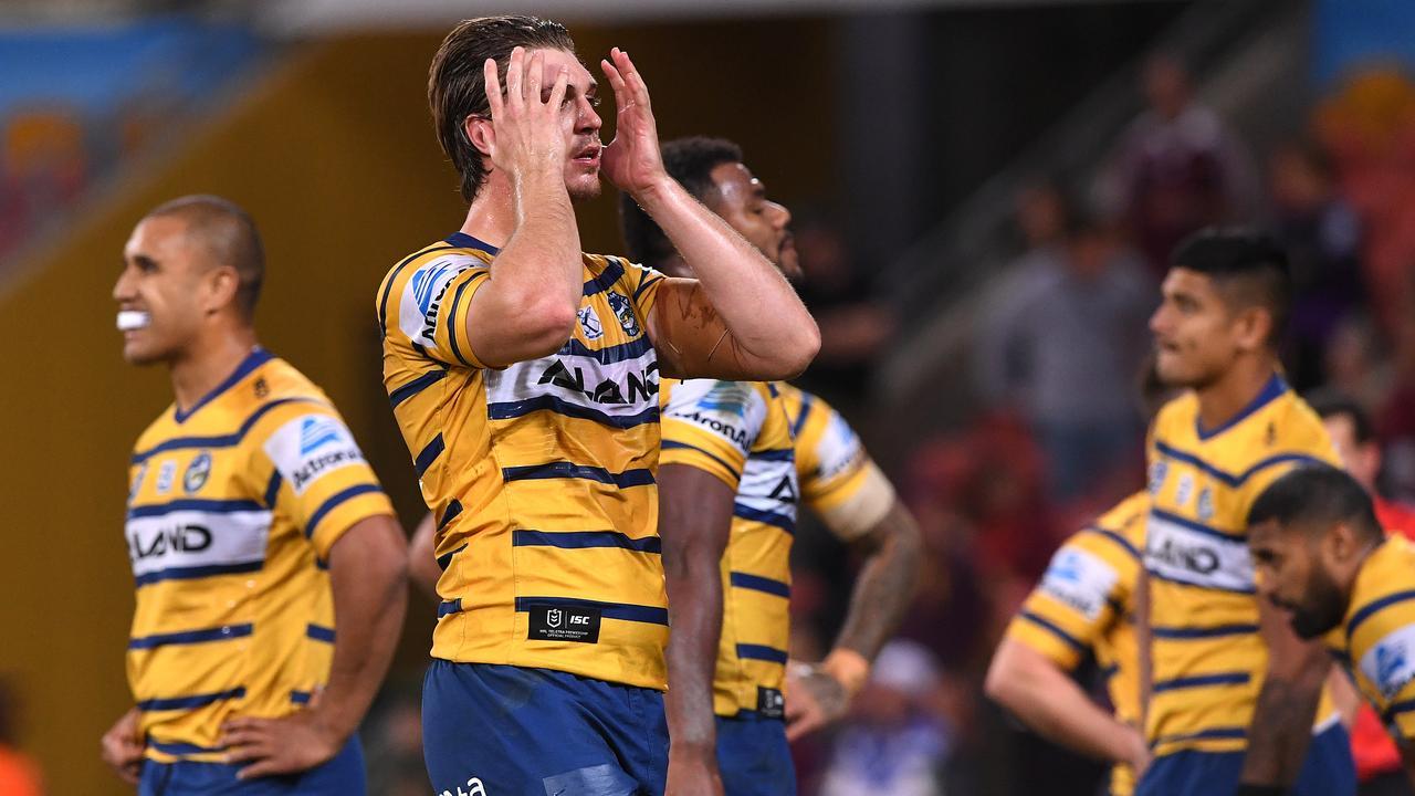 Parramatta Eels players during the humbling loss to the Melbourne Storm.