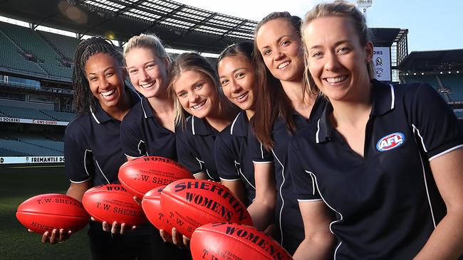 Meet the new starts of the Women’s Football League, Sabrina Frederick-Traub, Tayla Harris, Brianna Davey, Darcy Vescio, Daisy Pearce and Lauren Arnell. Picture: Alex Coppel.