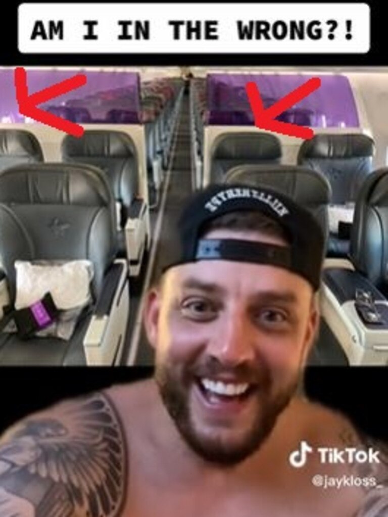 Aussie man Jay Kloss asked a man to switch seats so he could sit next to his girlfriend. The man refused. Picture: TikTok/jaykloss_