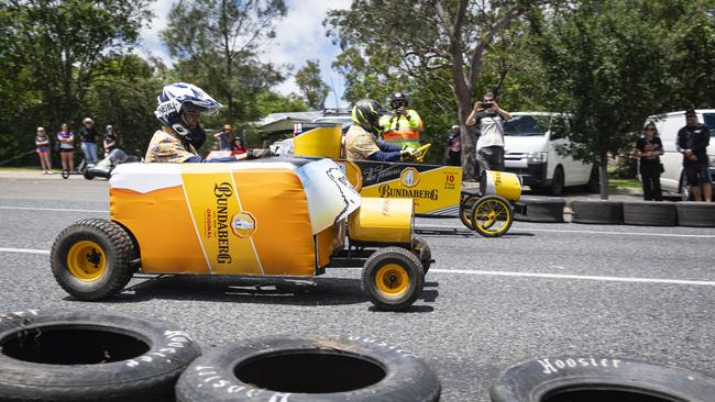 The Rum Runners race each other, Ben Priebbenow (left) and dad Scott Priebbenow, in the Greenmount Billy Kart Challenge, Saturday, November 23, 2024. Picture: Kevin Farmer