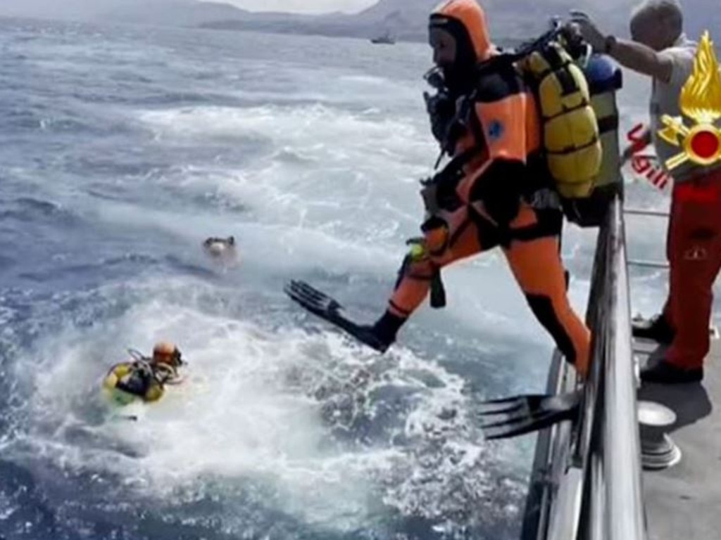 Divers continued their search for the six missing people who were on board the superyacht that sank off the coast of Sicily. Picture: AFP