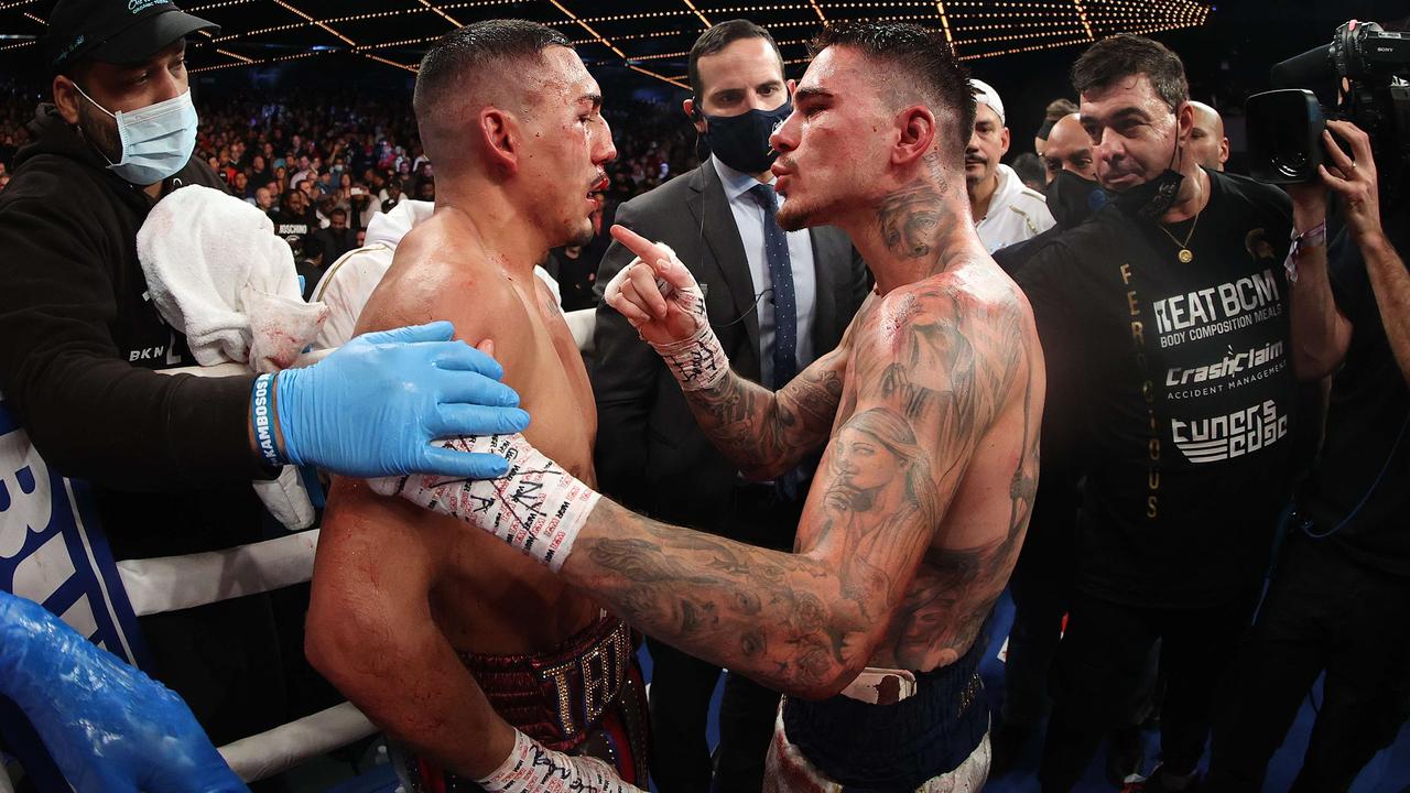 Teofimo Lopez is spoken to by George Kambosos after their fight. Photo: Al Bello/Getty Images/AFP