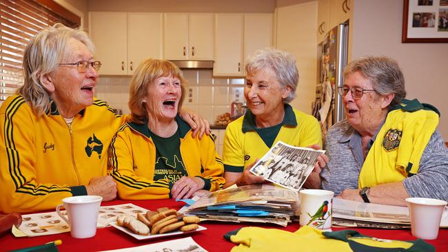 Members from the 1975 Australian women soccer team: (from left) Gundy Zarina, Trixie Tagg, Lynn Everett-Miller and Kim Coates. Picture: Sam Ruttyn