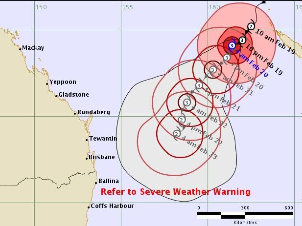 The 6.45am Bureau of Meteorology update showing the predicted path of Cyclone Oma.