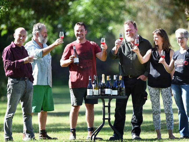 Phil Sexton (left) is part of the Gruyere winemaking community. Fellow winemakers Xavier Mende, Syd Bradford, Greg Jarratt, Nicki Mertens, and Sandra de Pury.